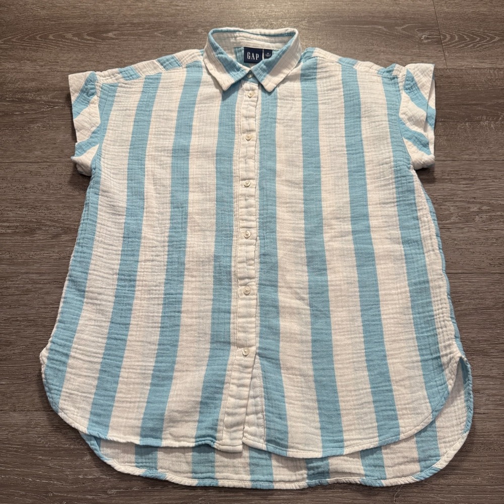 Gap Shirt Womens Small Blue White Stripe Popover Blouse Seersucker 100% Cotton‎
